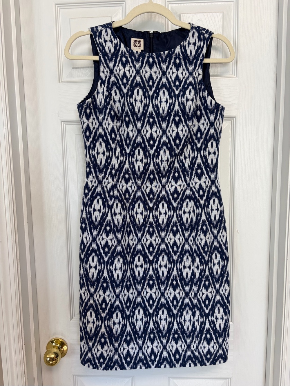 Anne Klein Navy & White Textured Ikat Geometric Sleeveless Women’s Dress Size 4